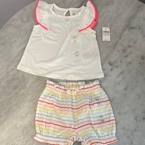 White and Pink Ruffle Top with Striped Shorts
